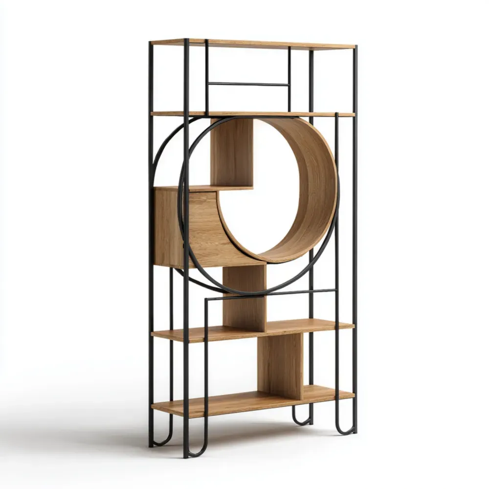 Estantería de madera y metal 180x90x30 cm – Natural/Negro – Diseño geométrico