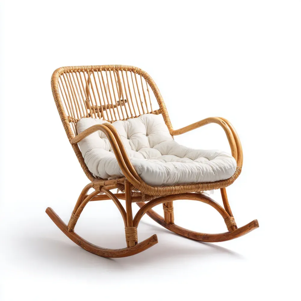 Mecedora de Jardín Ratán Natural 80x90x100 cm - Cojín Desenfundable Color Crema - Diseño Vintage