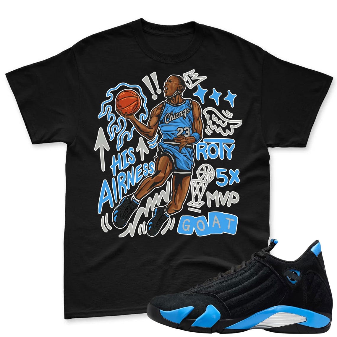 FLAIR 23! Shirt To Match Jordan 14 Black and University Blue - 14s Retro Blue Black Match Shirt