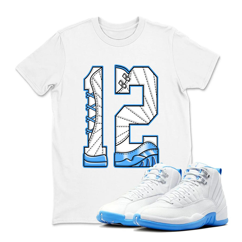 Number 12 Shirt To Match Jordan 12 Melo White University Blue - JD 12 White University Blue Sneaker Matching Tee