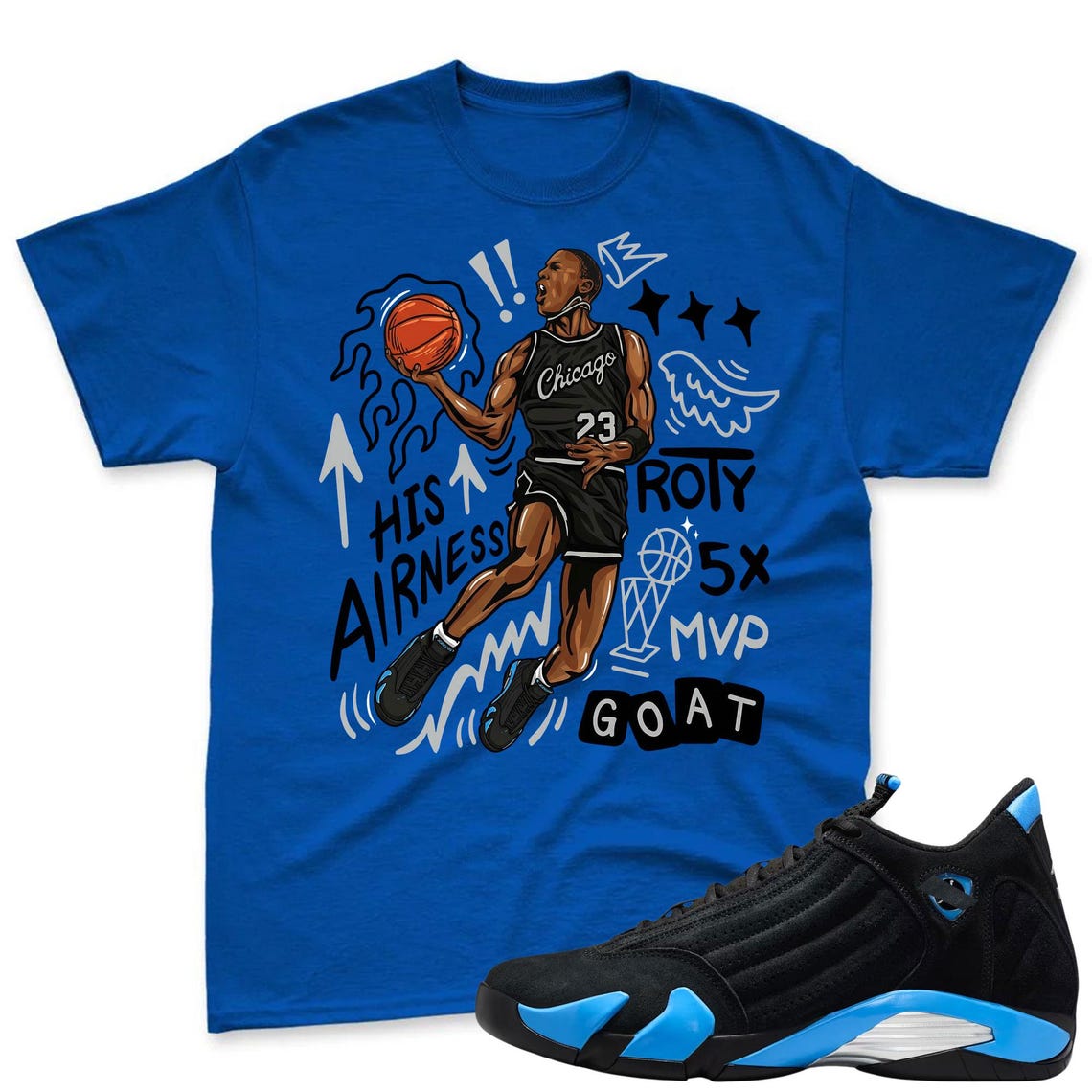 FLAIR 23! Shirt To Match Jordan 14 Black and University Blue - 14s Retro Blue Black Match Shirt