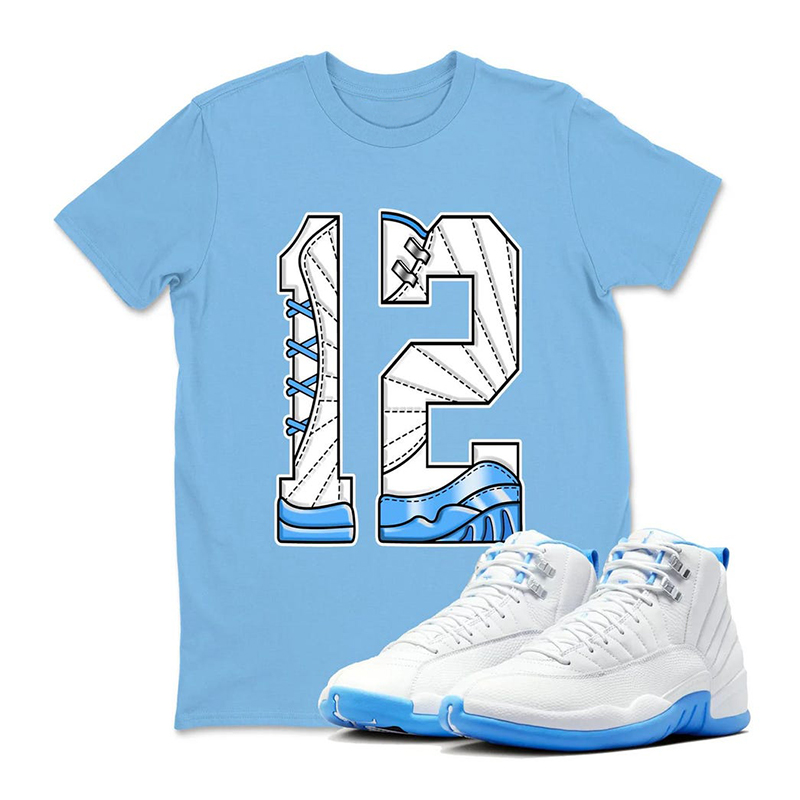 Number 12 Shirt To Match Jordan 12 Melo White University Blue - JD 12 White University Blue Sneaker Matching Tee