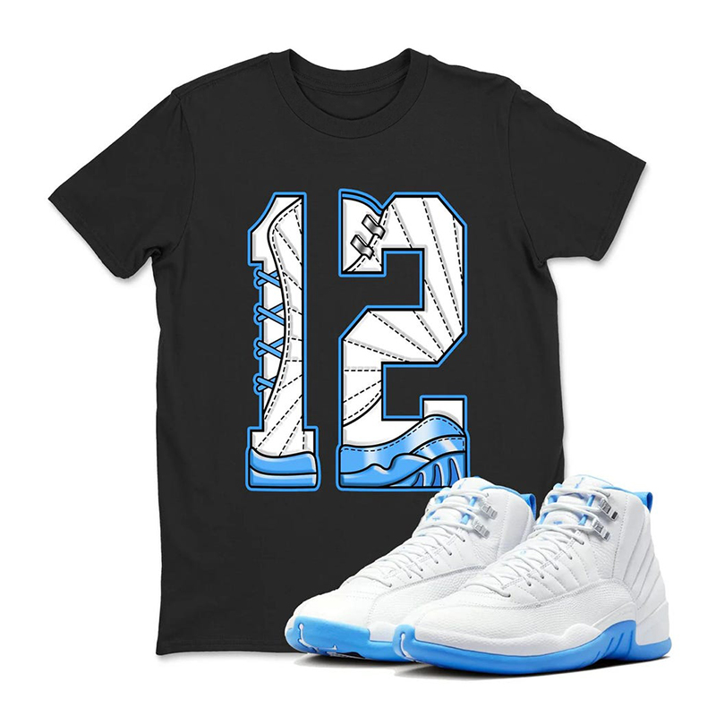 Number 12 Shirt To Match Jordan 12 Melo White University Blue - JD 12 White University Blue Sneaker Matching Tee