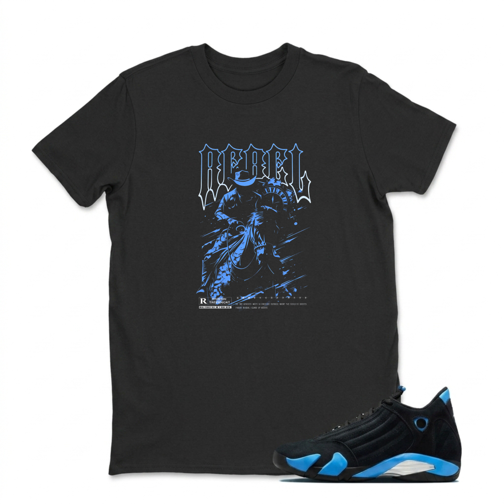 Rebel Rider Graphic Design Print Sneaker T Shirt Matching Jordan 14 University Blue