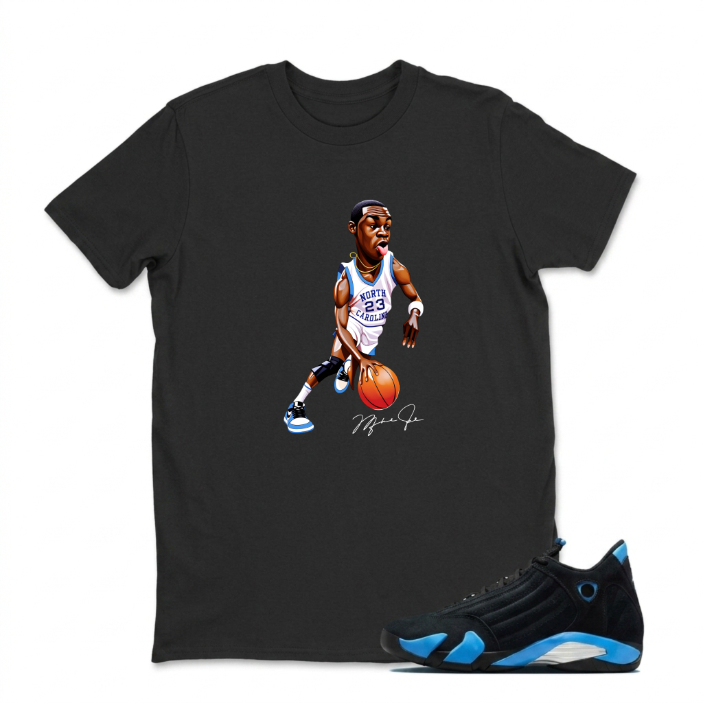 Basketball Player In Action Pose Sneaker T Shirt Matching Jordan 14 University Blue