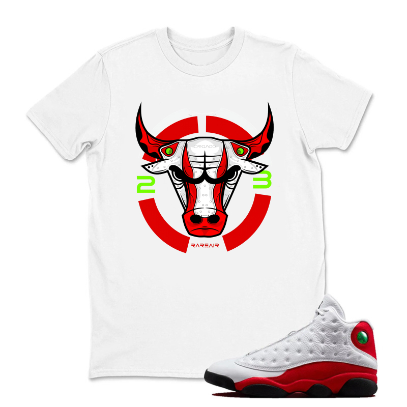 Bull Head With Red Horns And Numbers Sneaker T Shirt Matching Jordan 13 OG Chicago Red/White