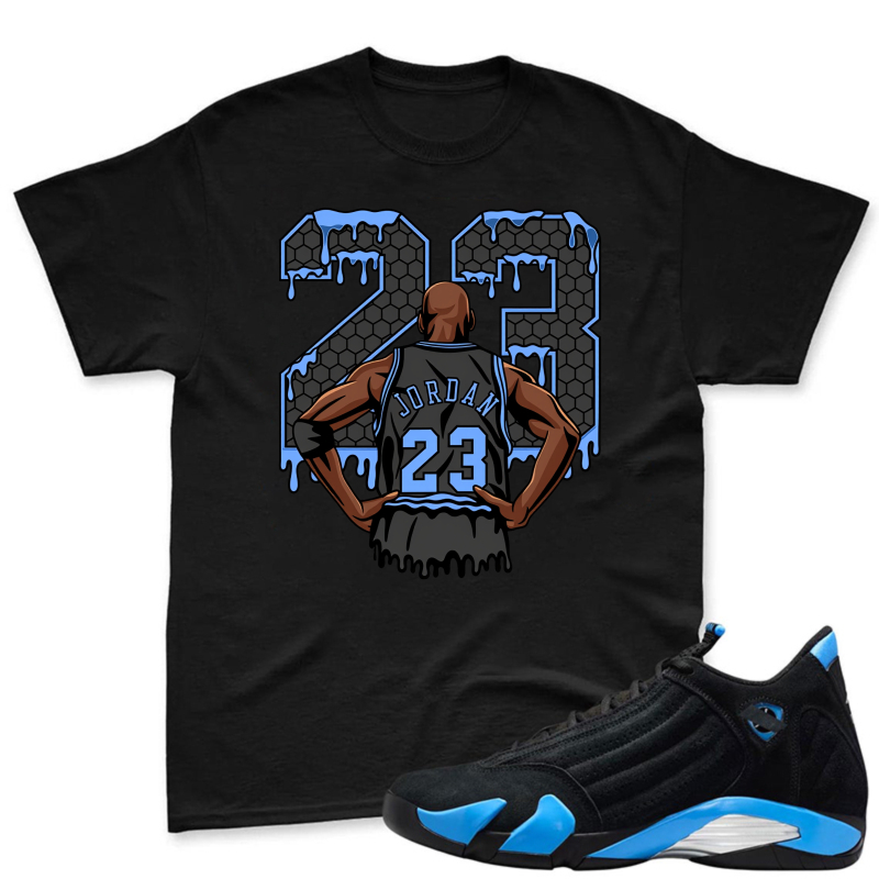 Number 23 Jordan Player Back View Shirt To Match Jordan 14 Black And University Blue Sneaker Match Shirt
