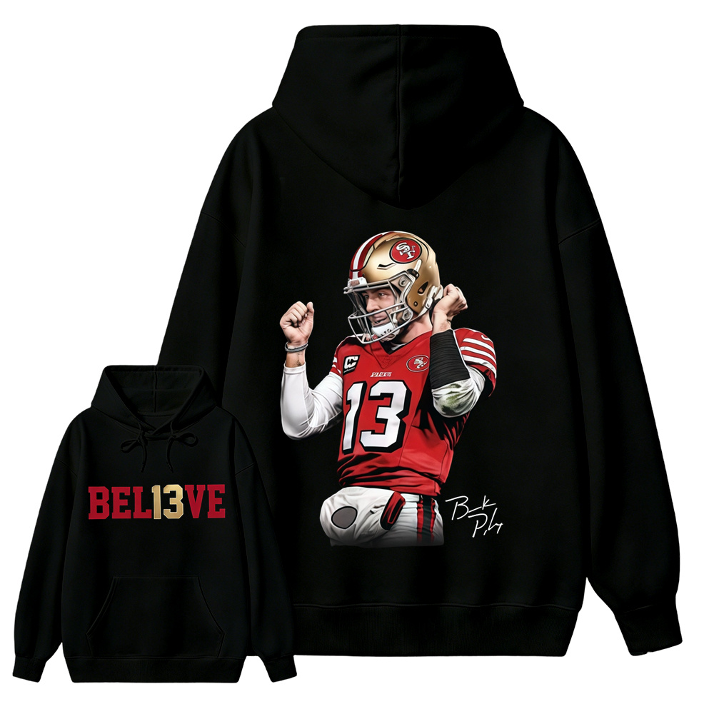 Number 13 Believe Football Graphic Hoodie, Quarterback Game Day Sports Fan Hoodie