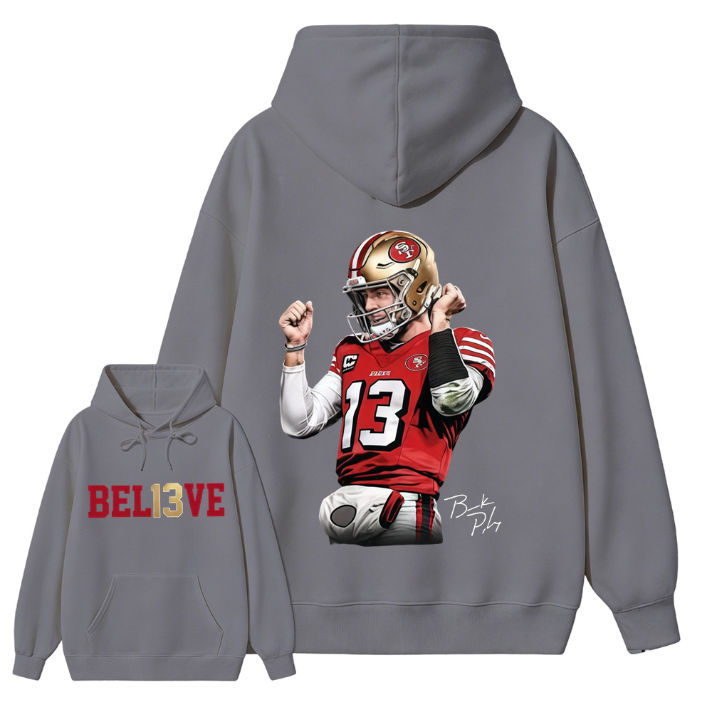 Number 13 Believe Football Graphic Hoodie, Quarterback Game Day Sports Fan Hoodie