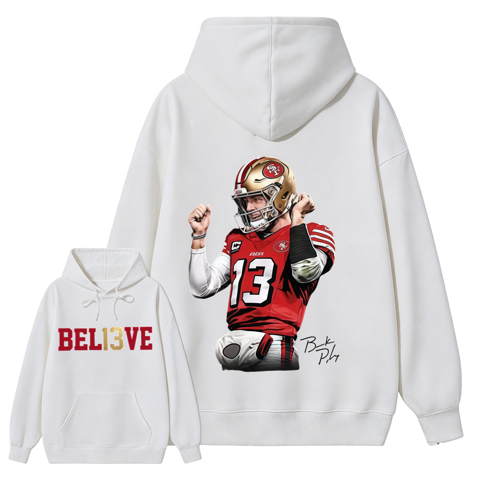 Number 13 Believe Football Graphic Hoodie, Quarterback Game Day Sports Fan Hoodie