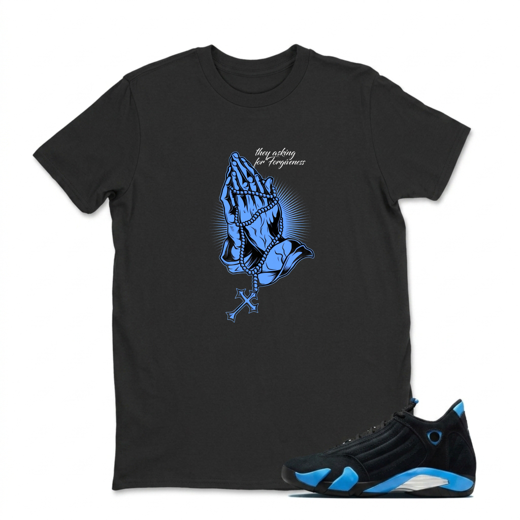 Praying Hands With Cross And Rosary Sneaker T Shirt Matching Jordan 14 University Blue