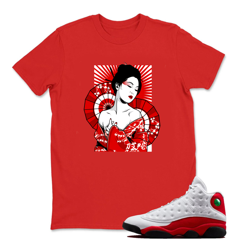 Geisha Fan Red Background Art Sneaker T Shirt Matching Jordan 13 OG Chicago Red/White