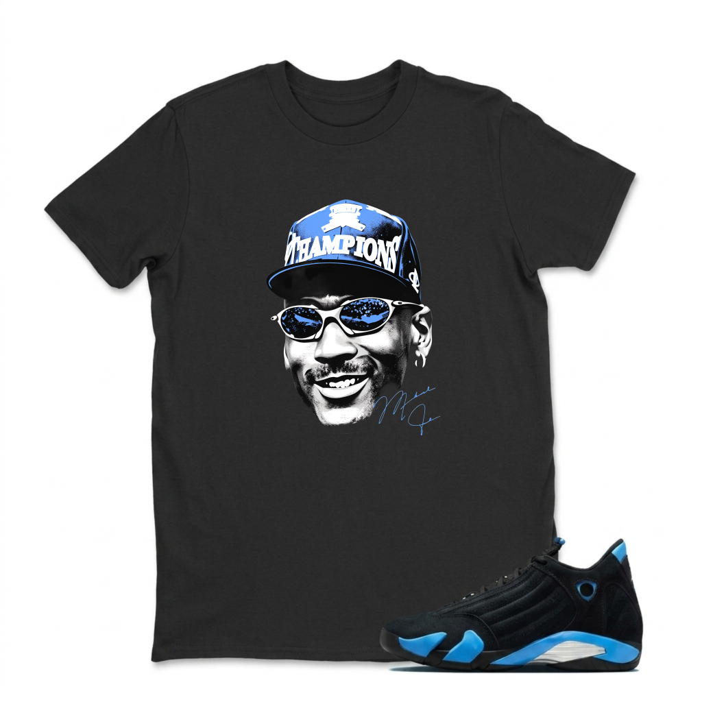 Champions Hat Sunglasses Signature Face Sneaker T Shirt Matching Jordan 14 University Blue