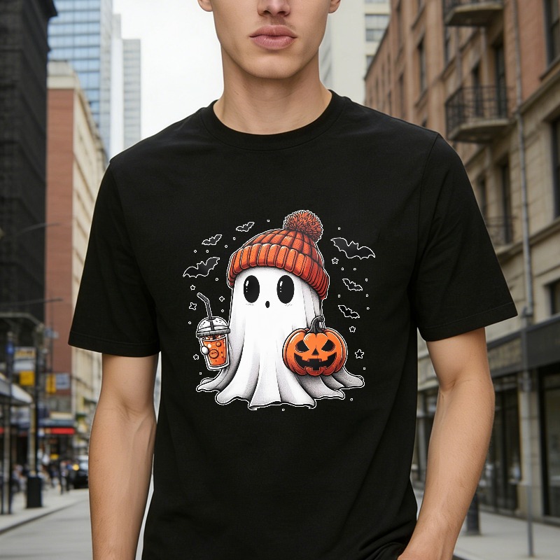 Cute Ghost Wearing Orange Beanie Holding Pumpkin And Drink Unisex Classic T-shirt
