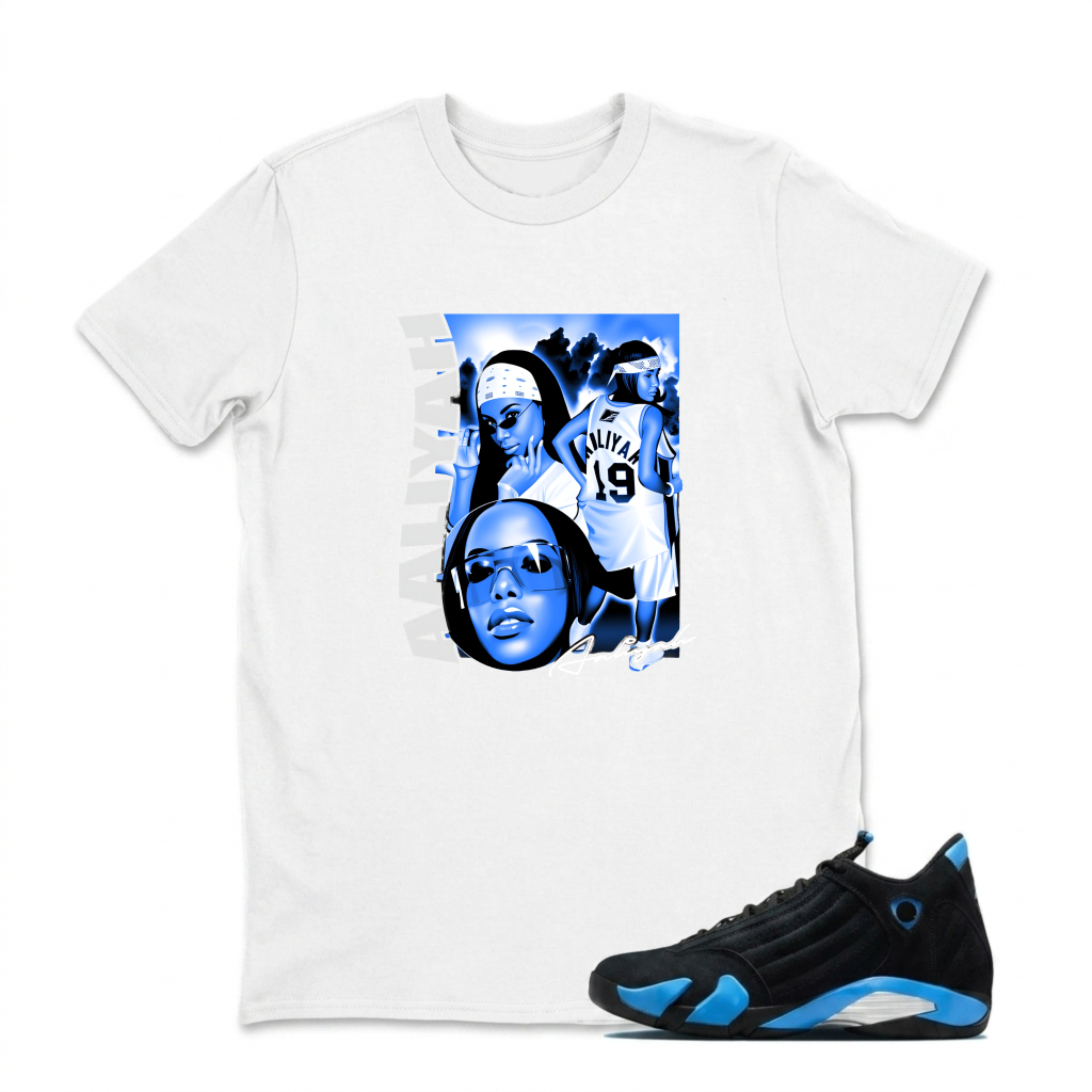 Aaliyah Portrait With Blue Tones Sneaker T Shirt Matching Jordan 14 University Blue