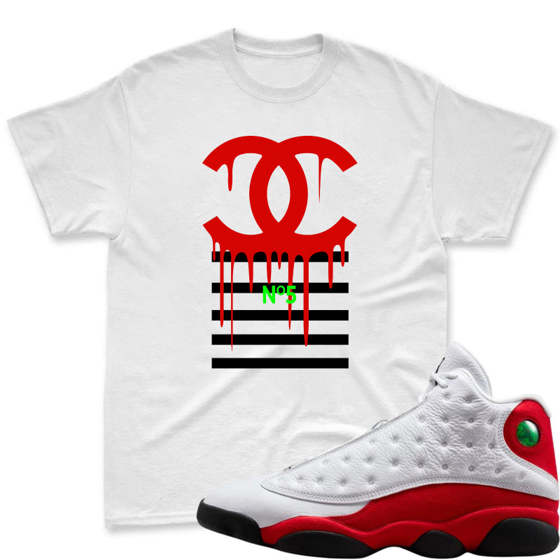 Chanel Logo Drip Design Shirt To Match Air Jordan 13 Chicago - Sneaker Match Shirt