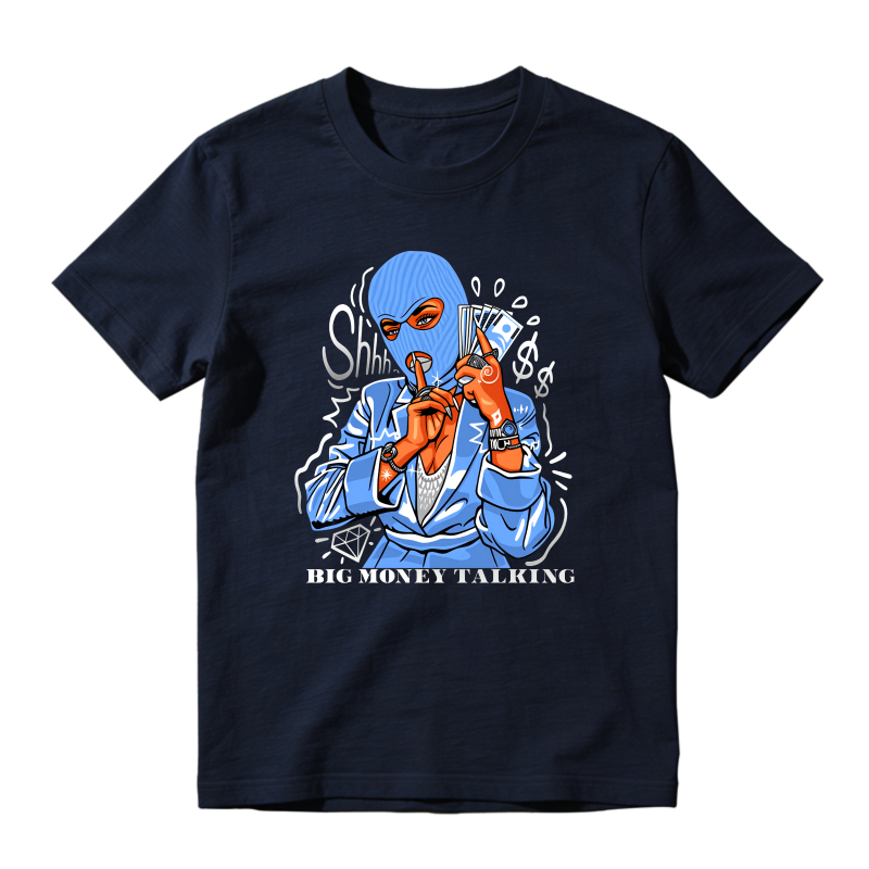 Blue Masked Figure Holding Phone Sneaker T Shirt Matching Jordan 14 University Blue