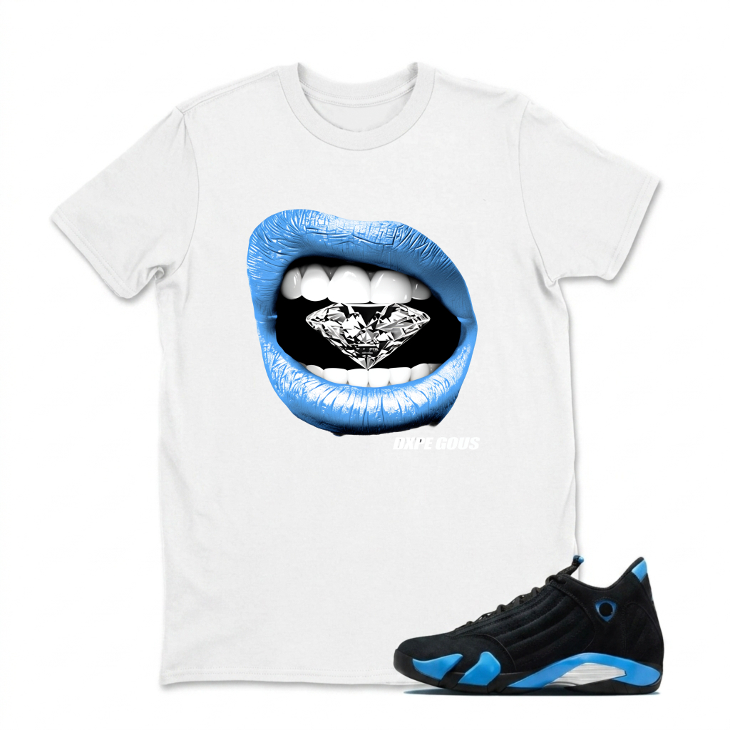 Blue Lips Diamond Teeth Logo Sneaker T Shirt Matching Jordan 14 University Blue