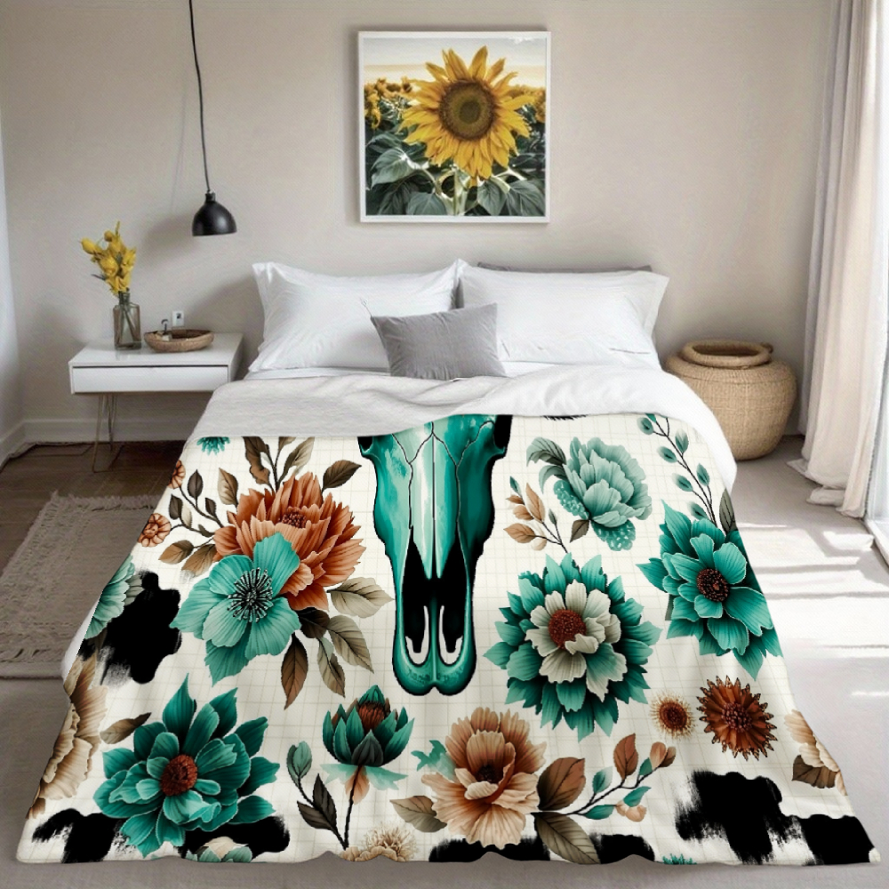 Turquoise Floral Steer Skull Western Throw Blanket