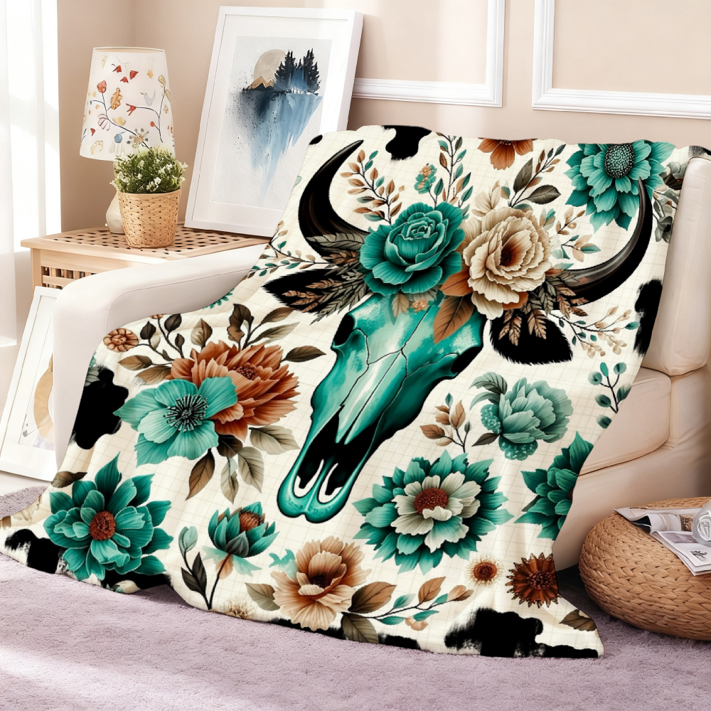 Turquoise Floral Steer Skull Western Throw Blanket