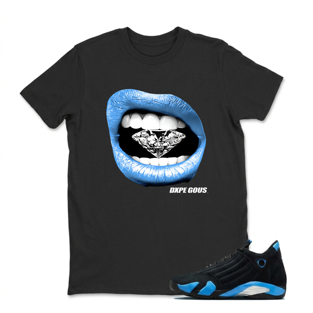 Blue Lips Diamond Teeth Logo Sneaker T Shirt Matching Jordan 14 University Blue