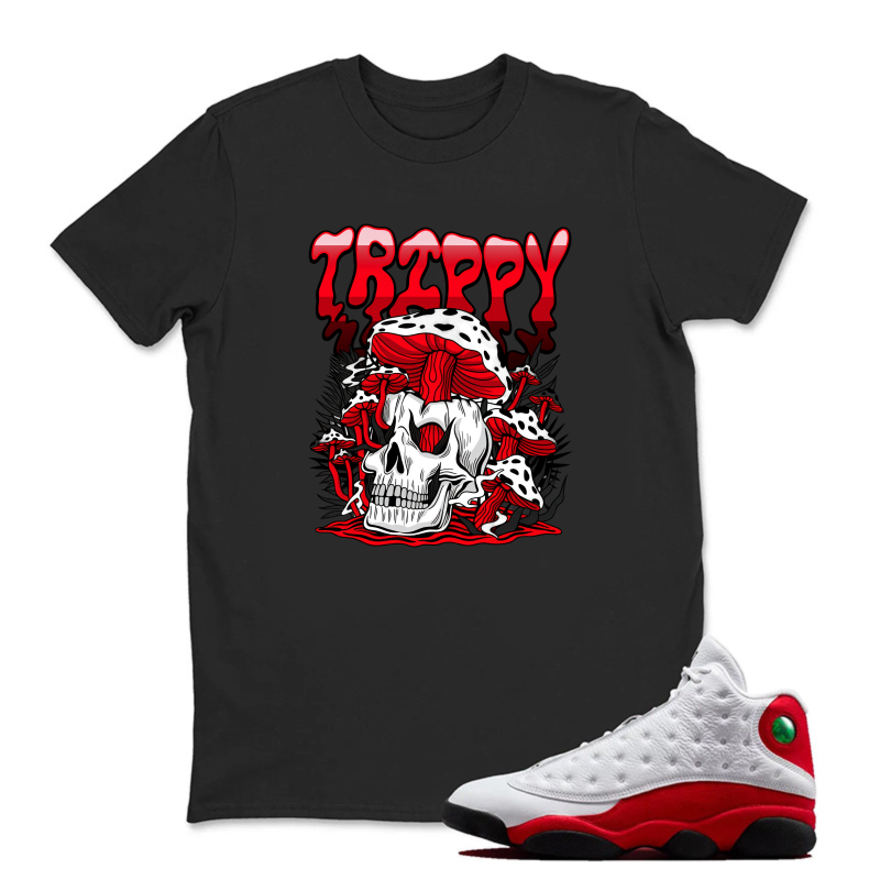 Skull Mushroom Red Text Pattern Sneaker T Shirt Matching Jordan 13 OG Chicago Red/White