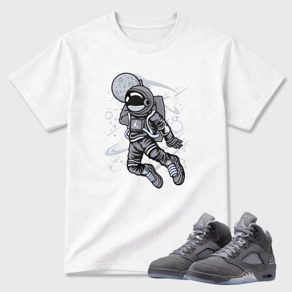 Astronaut Floating In Space With Moon Sneaker T Shirt Matching Air Jordan 5 Wolf Grey