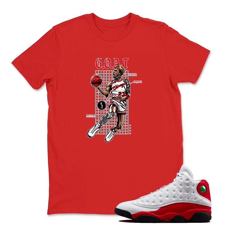 Basketball Player In Action Pose Sneaker T Shirt Matching Jordan 13 OG Chicago Red/White