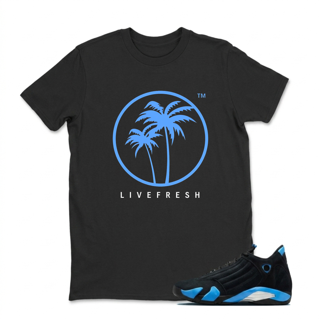 Blue Palm Trees Circle Logo Sneaker T Shirt Matching Jordan 14 University Blue