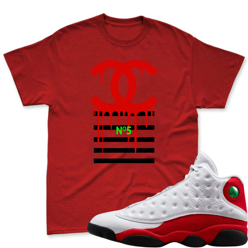 Chanel Logo Drip Design Shirt To Match Air Jordan 13 Chicago - Sneaker Match Shirt
