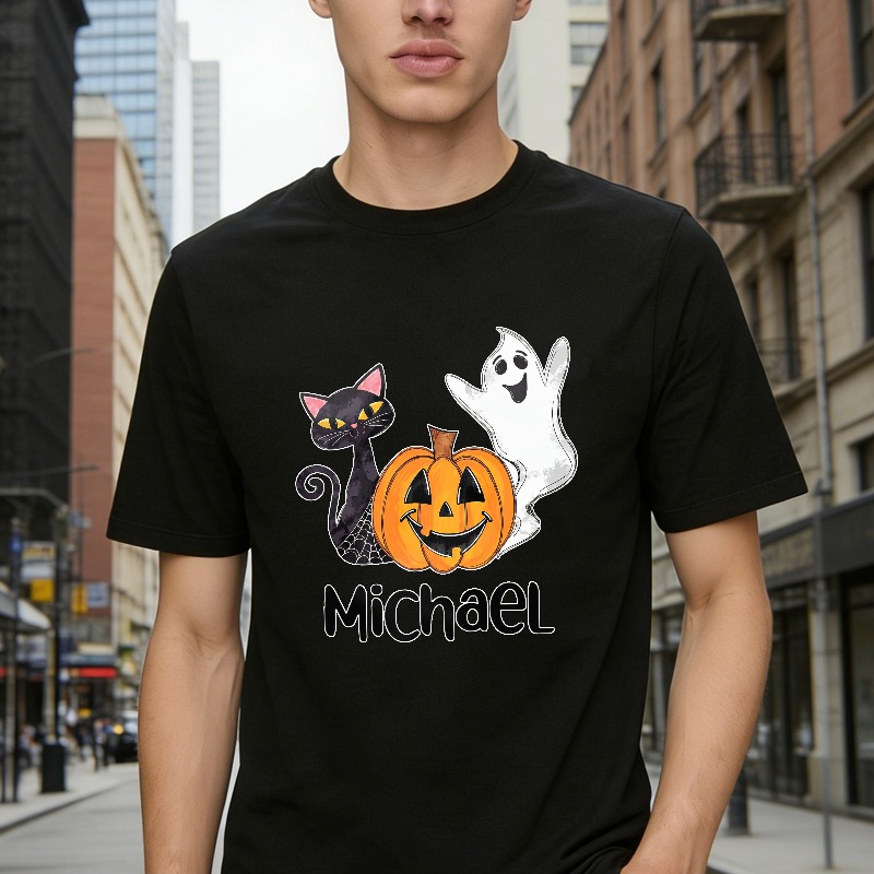 Halloween Black Cat Ghost Pumpkin Personalized Name Michael Unisex Classic T-shirt