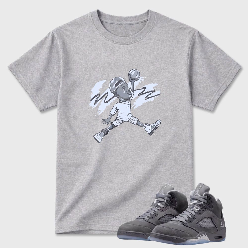 Basketball Player In Motion Pose Sneaker T Shirt Matching Air Jordan 5 Wolf Grey