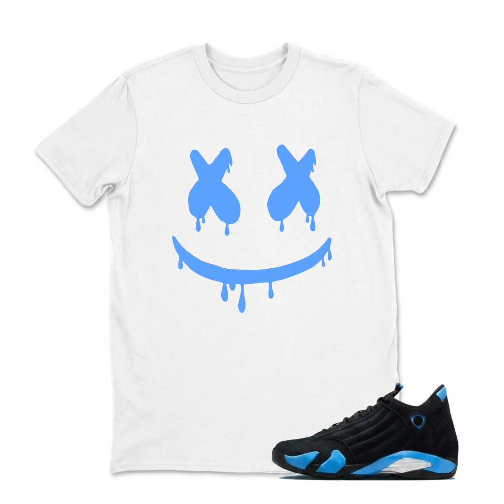 Blue Dripping Smile Face Pattern Sneaker T Shirt Matching Jordan 14 University Blue