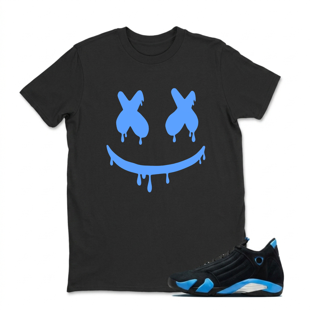 Blue Dripping Smile Face Pattern Sneaker T Shirt Matching Jordan 14 University Blue