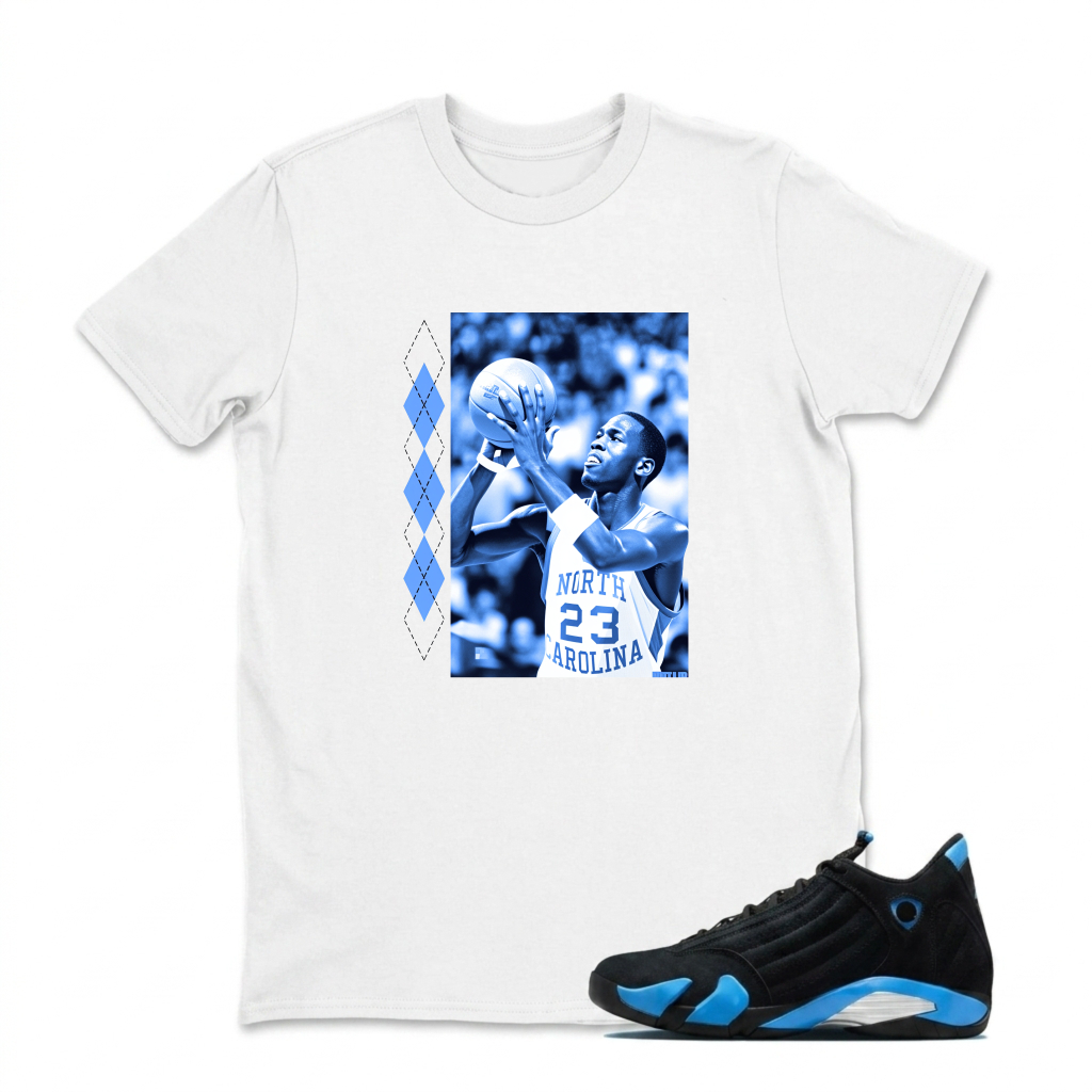 Basketball Player In Action Pose Sneaker T Shirt Matching Jordan 14 University Blue