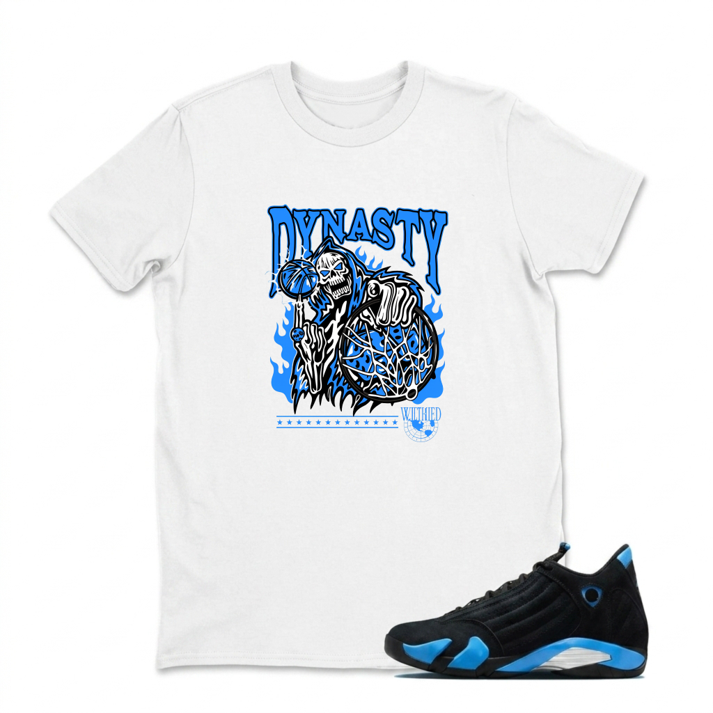 Dynasty Skeleton Basketball Blue Flame Sneaker T Shirt Matching Jordan 14 University Blue