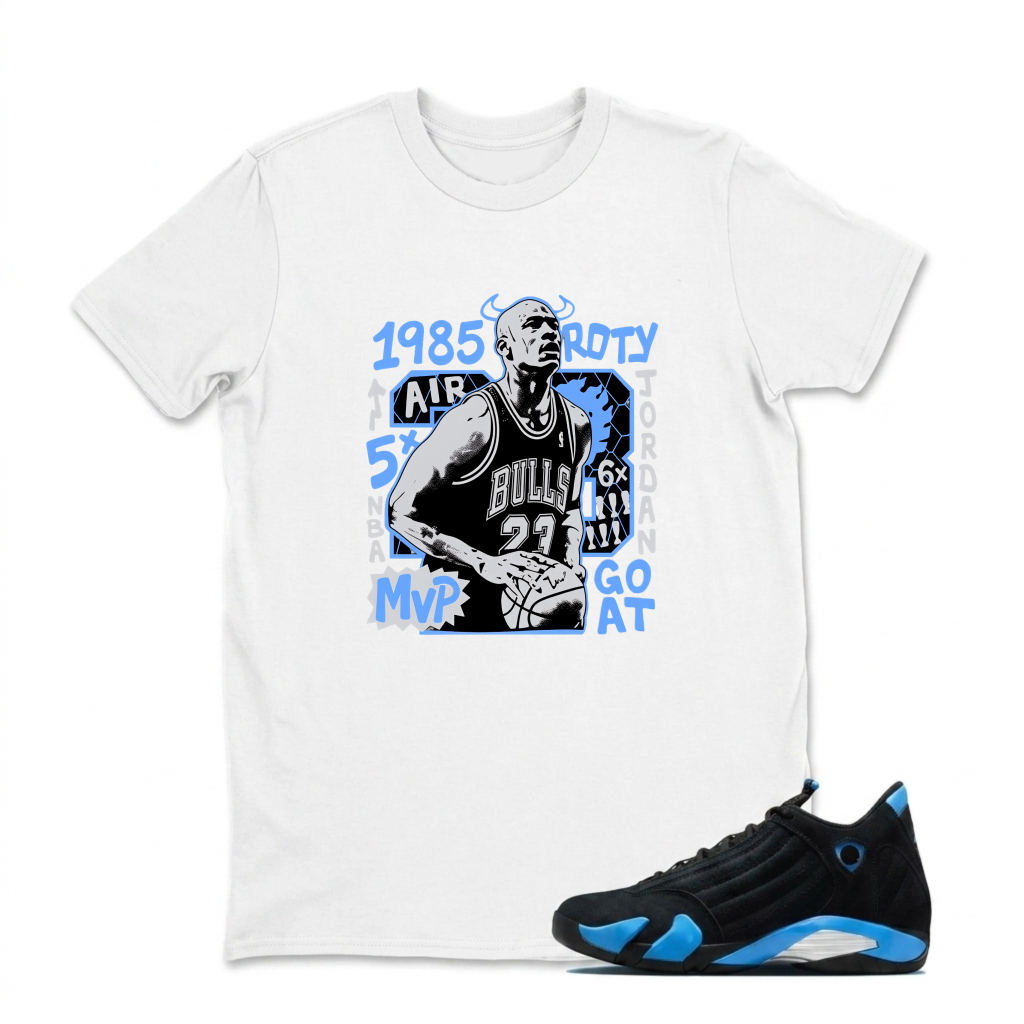 Michael Jordan Bulls 1985 Roto Mvp Go At Sneaker T Shirt Matching Jordan 14 University Blue