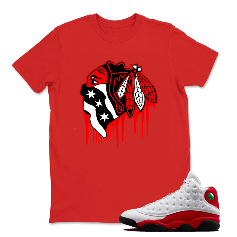 Chicago Blackhawks Logo Design Sneaker T Shirt Matching Jordan 13 OG Chicago Red/White