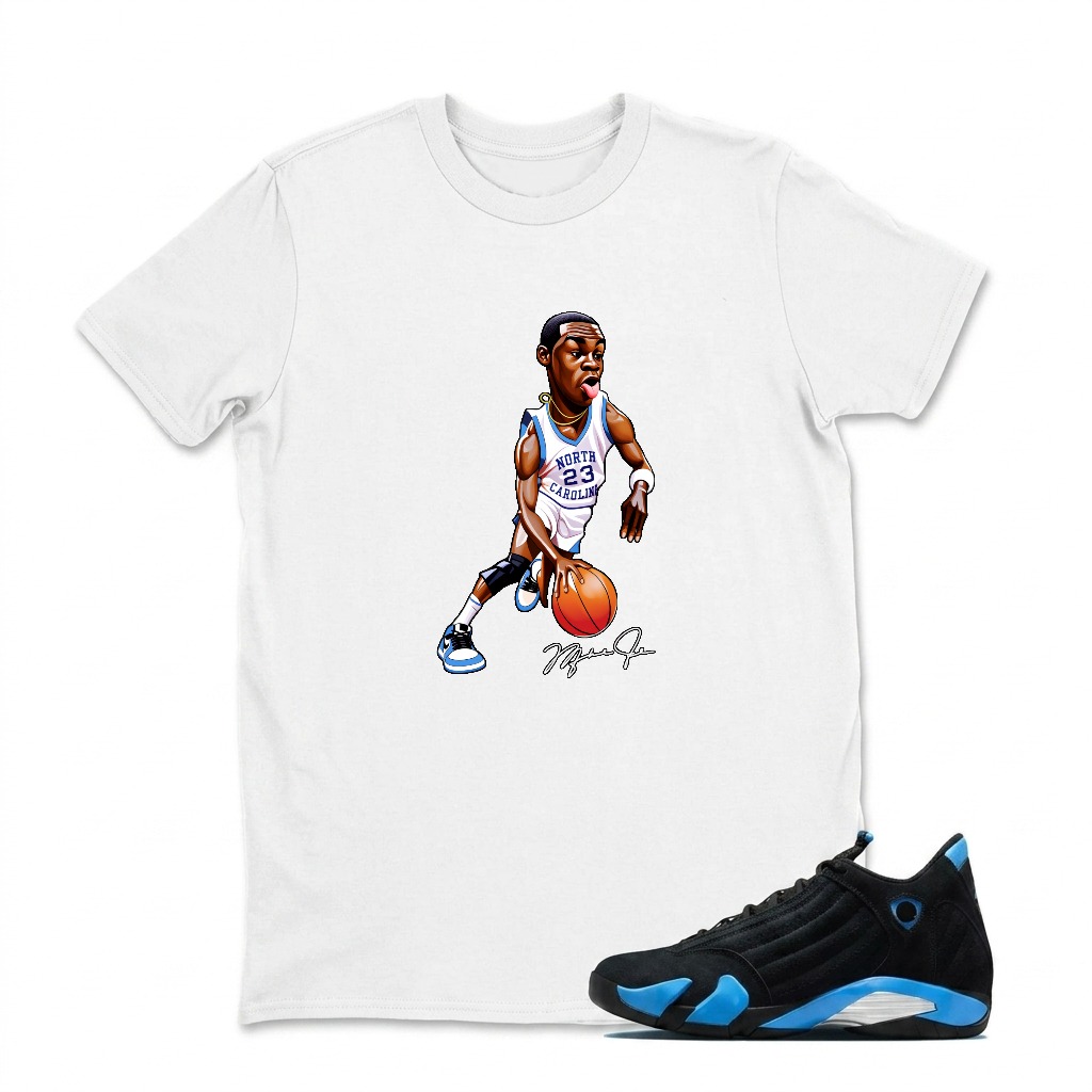 Basketball Player In Action Pose Sneaker T Shirt Matching Jordan 14 University Blue