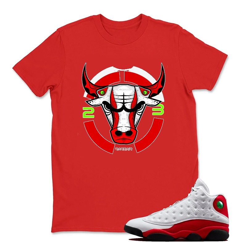 Bull Head With Red Horns And Numbers Sneaker T Shirt Matching Jordan 13 OG Chicago Red/White