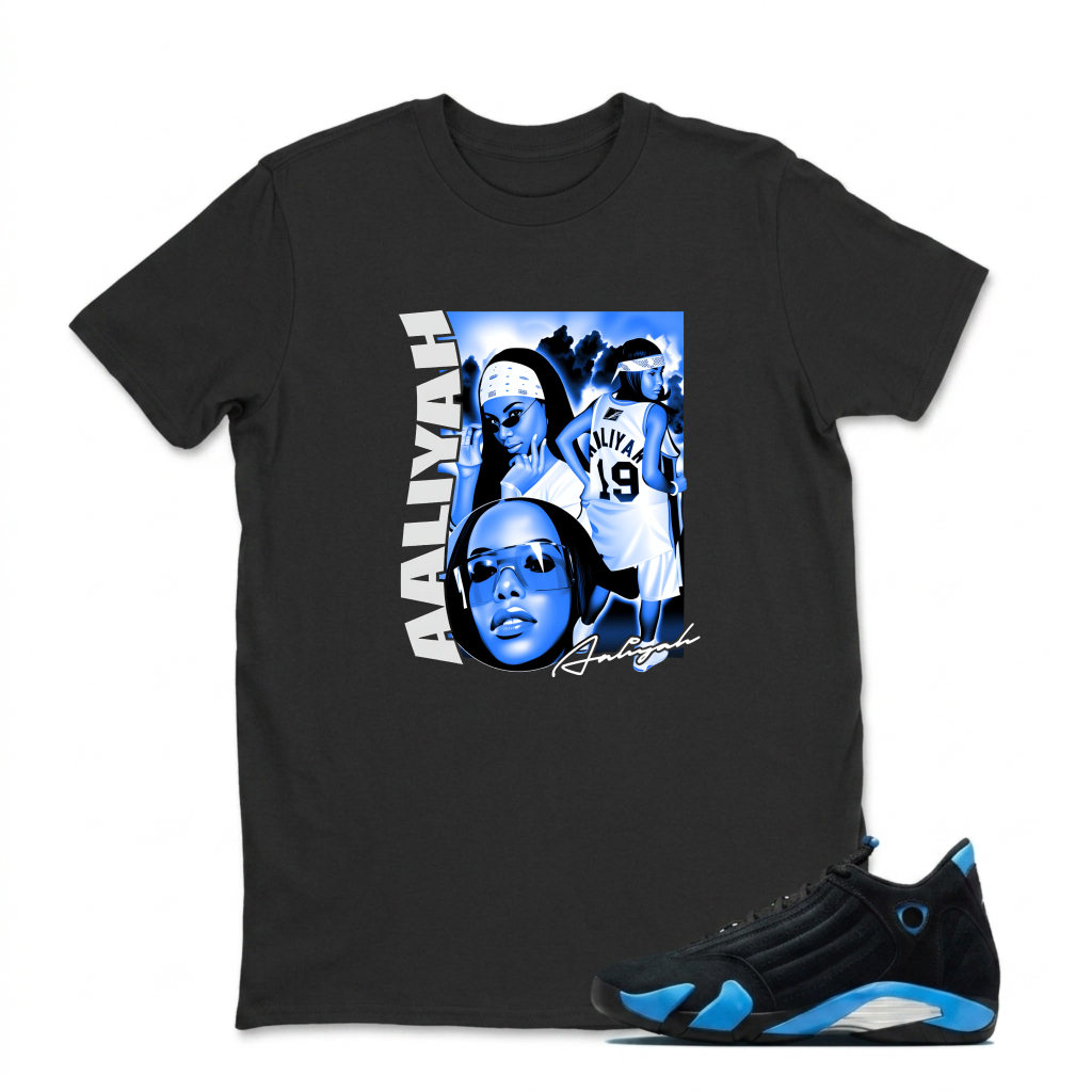 Aaliyah Portrait With Blue Tones Sneaker T Shirt Matching Jordan 14 University Blue