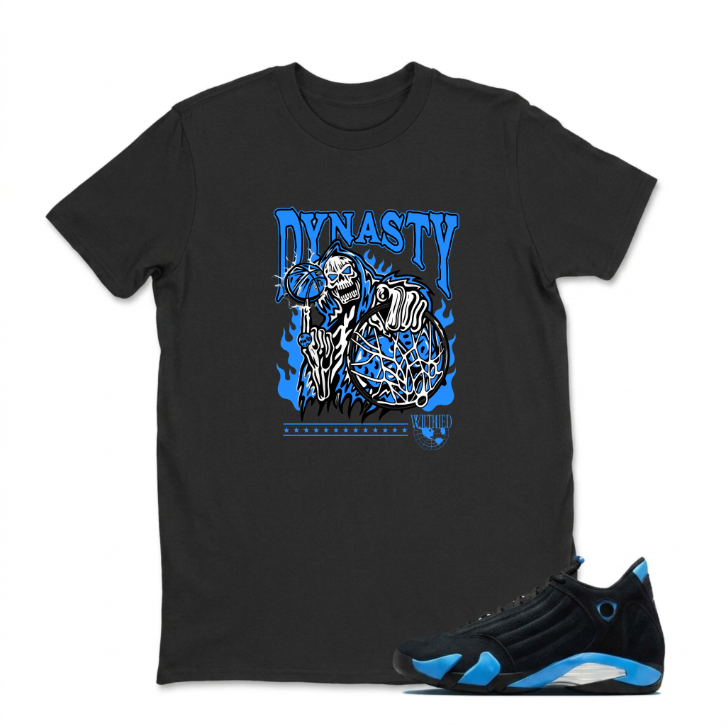Dynasty Skeleton Basketball Blue Flame Sneaker T Shirt Matching Jordan 14 University Blue