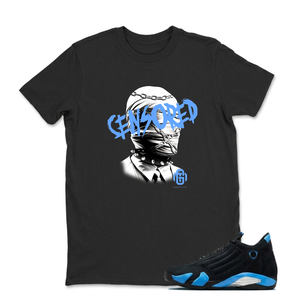 Censored Masked Figure With Chain And Tie Sneaker T Shirt Matching Jordan 14 University Blue