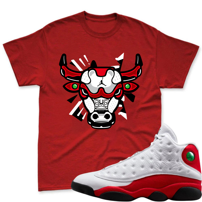 Bulls Head With Red And Black Details Shirt To Match Air Jordan 13 Chicago - Sneaker Match Shirt