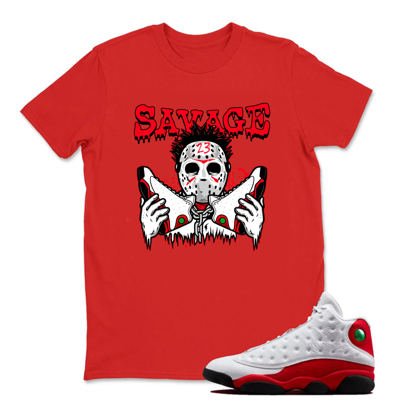 Savage Masked Figure Holding Knives Sneaker T Shirt Matching Jordan 13 OG Chicago Red/White