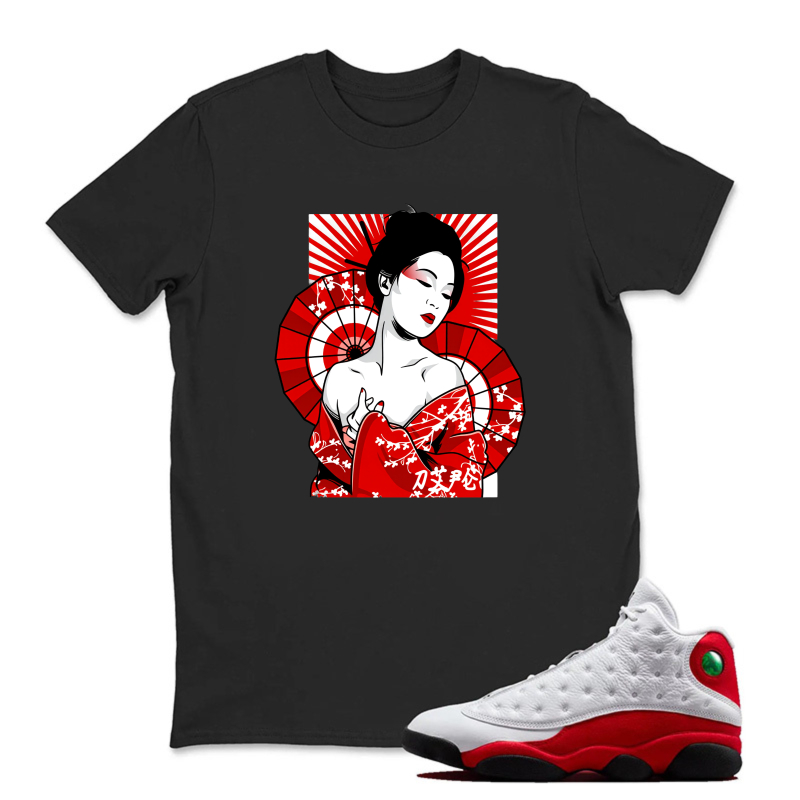 Geisha Fan Red Background Art Sneaker T Shirt Matching Jordan 13 OG Chicago Red/White