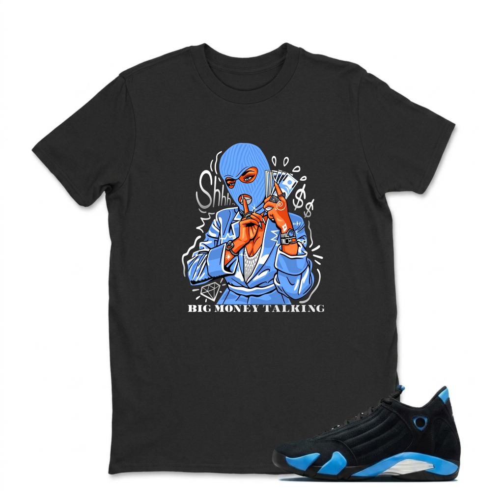Blue Masked Figure Holding Phone Sneaker T Shirt Matching Jordan 14 University Blue