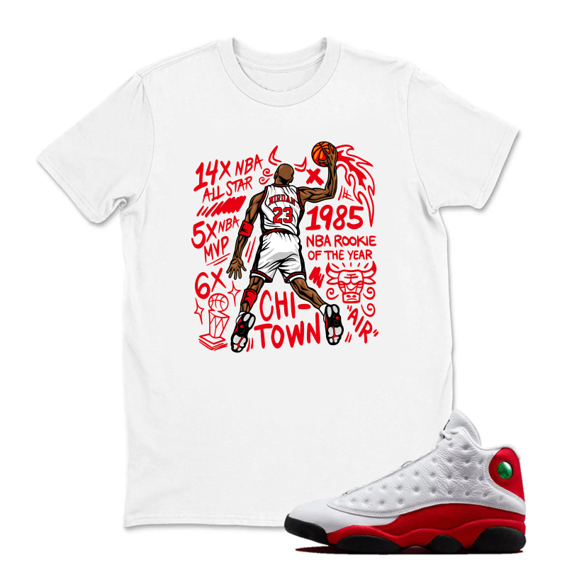 Michael Jordan Basketball Legend Iconic Jersey Sneaker T Shirt Matching Jordan 13 OG Chicago Red/White