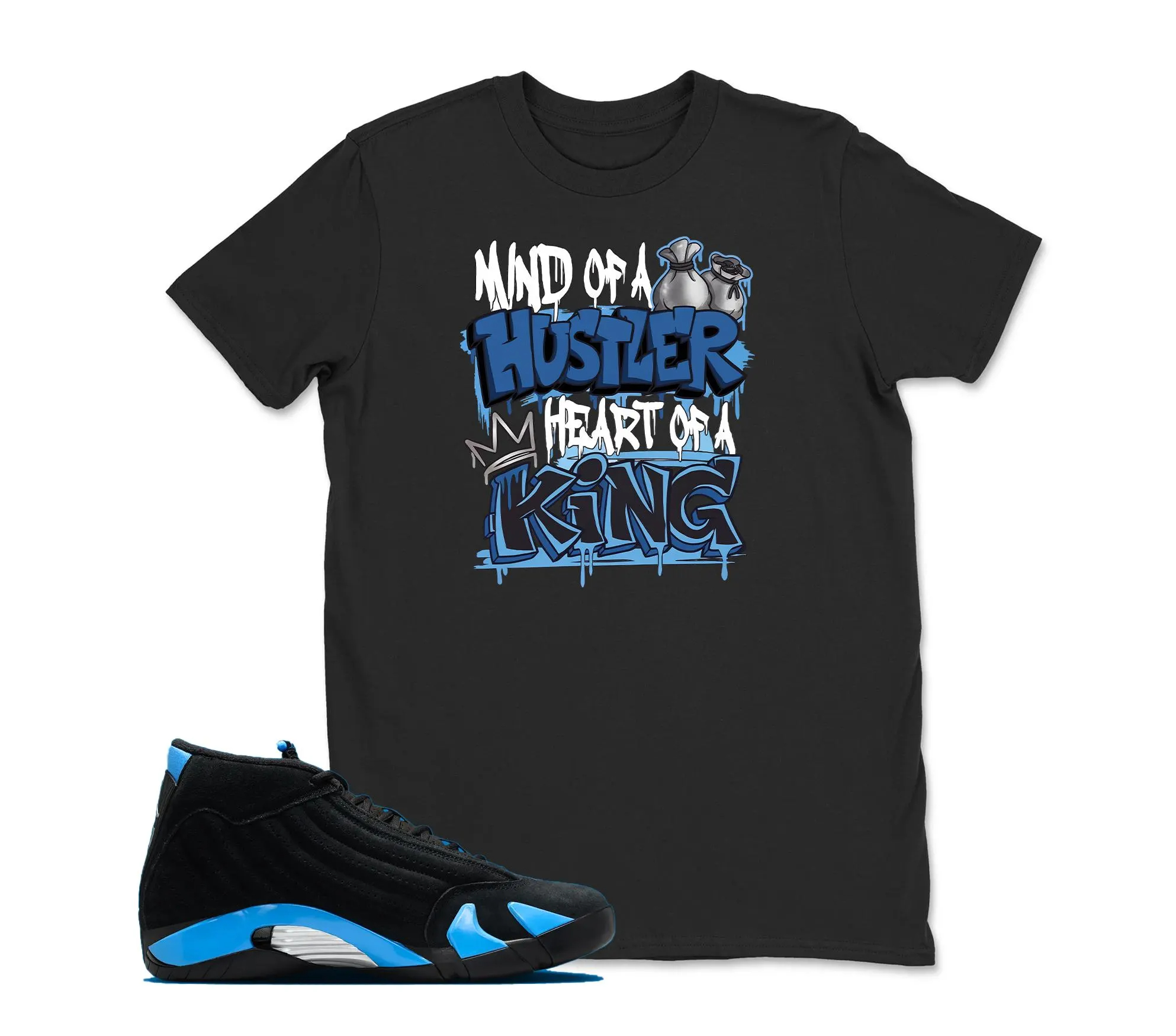 King Sneaker Tees - Jordan 14 University Blue Matching Sneaker Tee Shirt Black