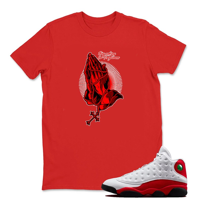 Red Praying Hands With Cross Sneaker T Shirt Matching Jordan 13 OG Chicago Red/White